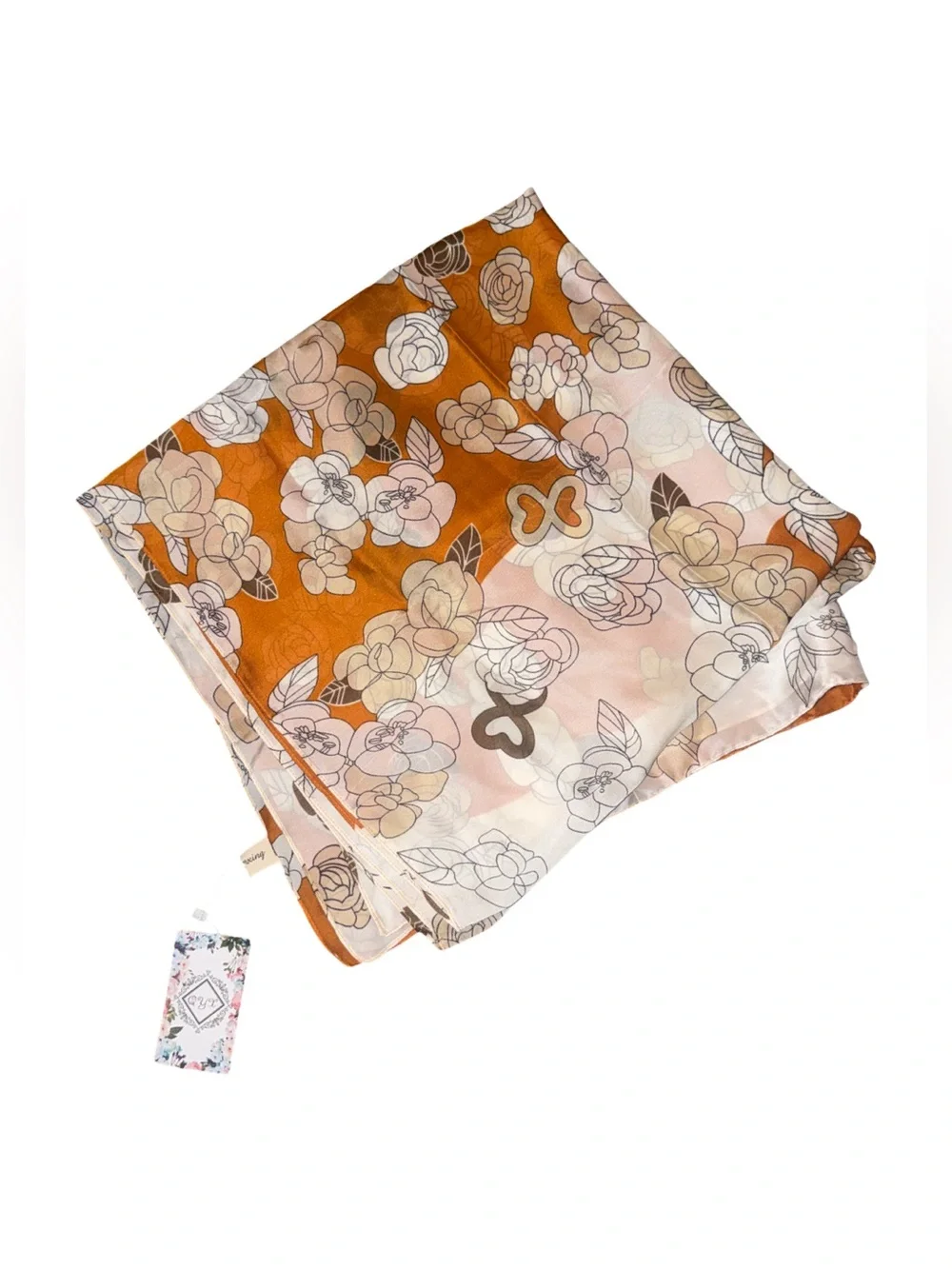 Retro Flower Outline Print Silk Scarf New with Tag